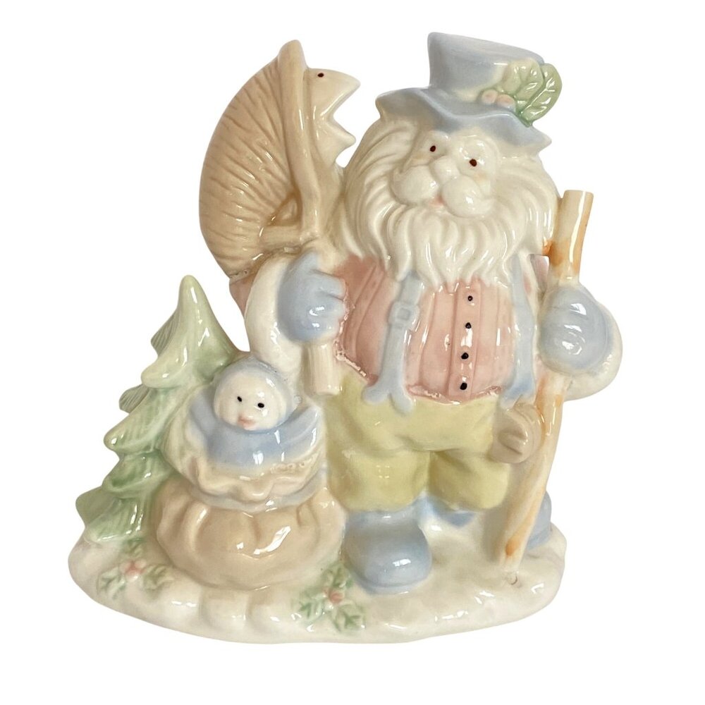 Santa Figurine W Fish In Bag Blue Top Hat Porcelain Pastel Color Christmas Decor